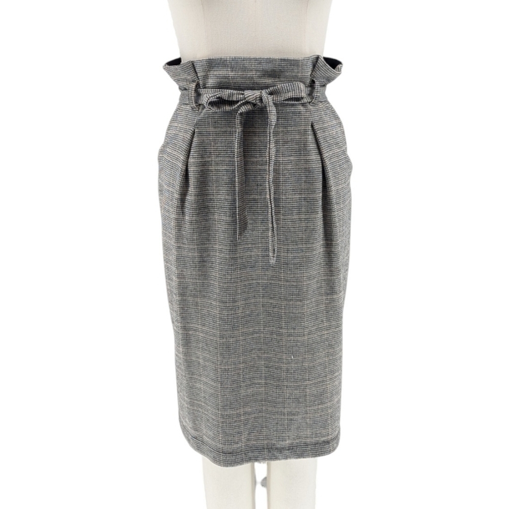 Max Studio Plaid Pleated Waist Pencil Skirt Black Gray S preppy Business casual